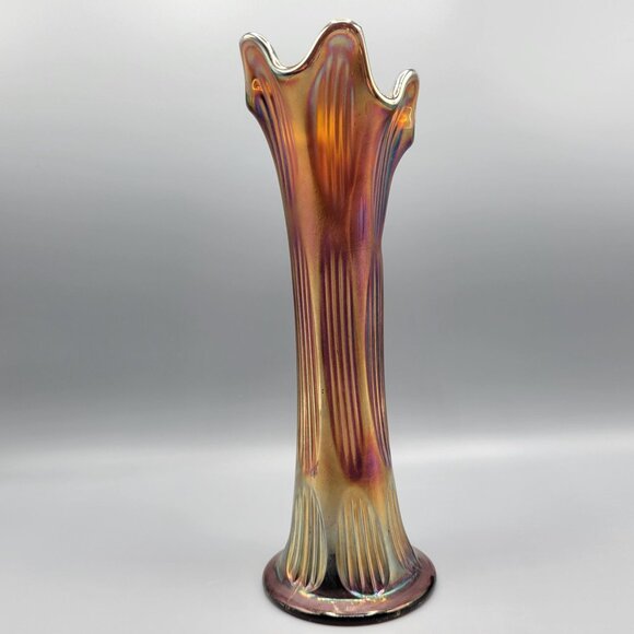 Vtg Fenton Carnival Glass Vase Iridescent Diamond Rib Pattern Art Deco 10.25" - Picture 5 of 11